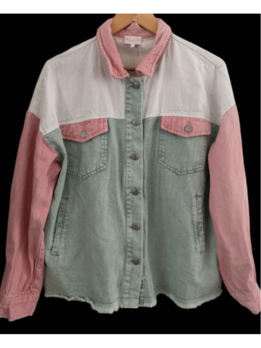 Entro pnk, grn & crm colorblock fringe hem denim jkt SZ L Y2K 80’s festival